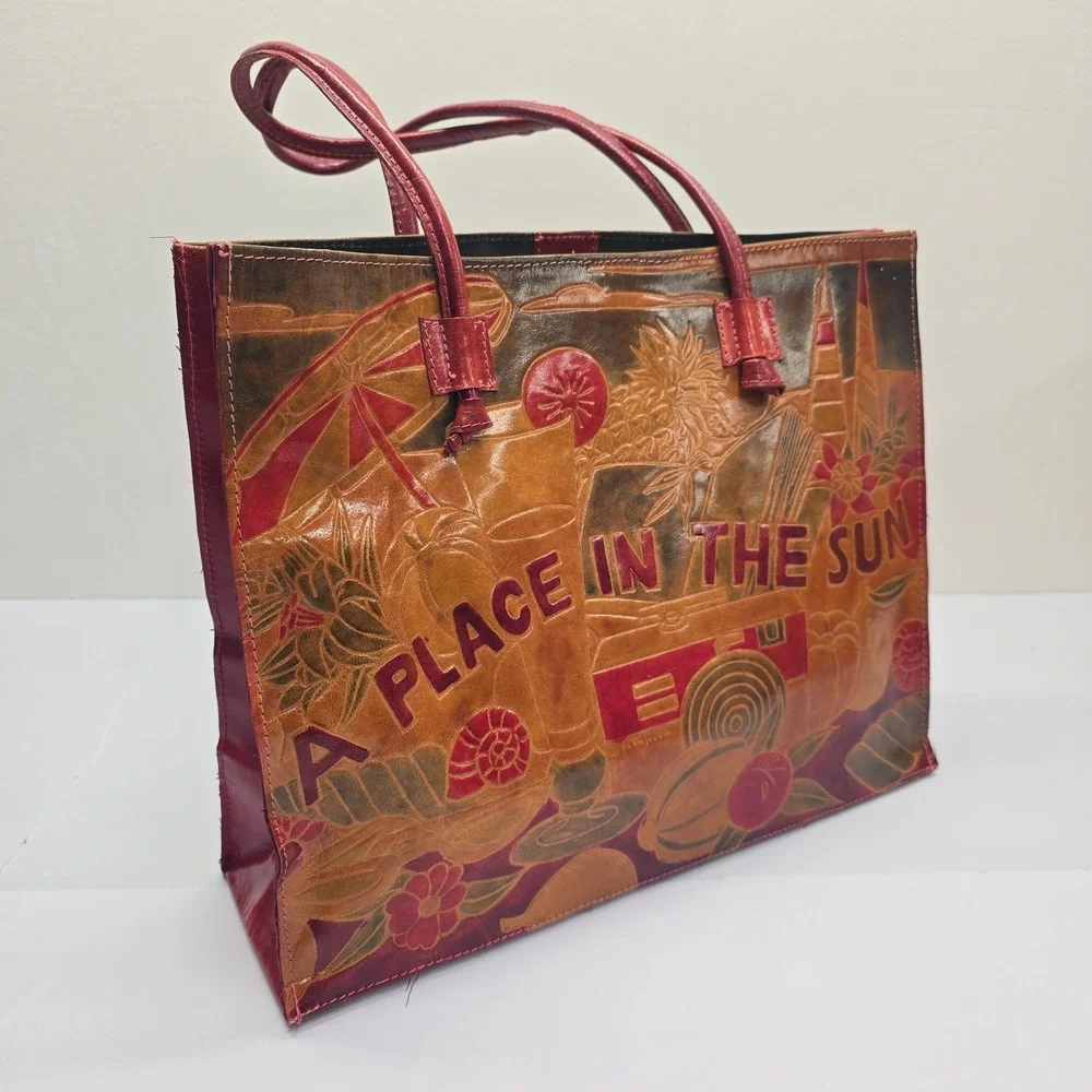A Place In The Sun Genuine‎ Leather Embossed Tote Bag Red Brown Made in India